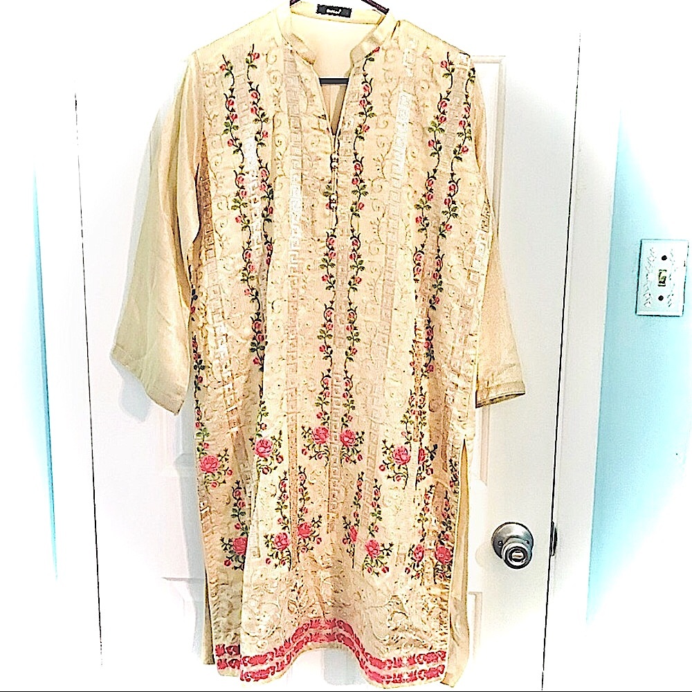 Differ Designer Pakistani Kurta Top Metallic Gold/Pink Flower Embroidery Sequins